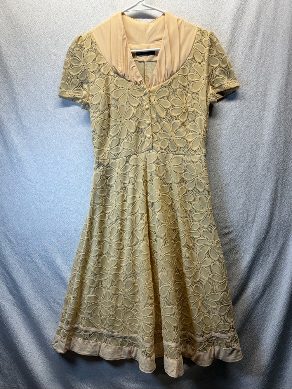 Country Chic Miusol Dress Custard Yellow Floral Lace Mid Century Inspired Midi